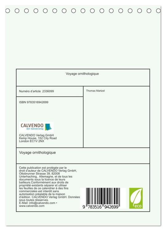 Produktbild: Voyage ornithologique (Calendrier de bureau 2027 DIN A5 horizontal), CALVENDO calendrier mensuel