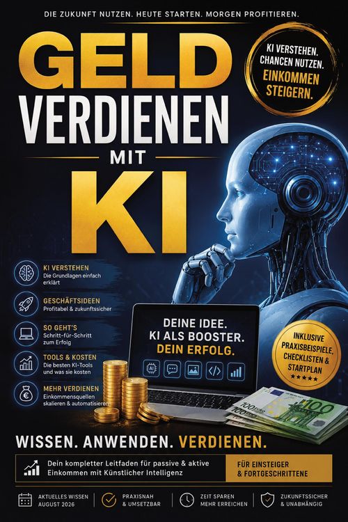 Produktbild: GELD verdienen mit KI - Der Praxisleitfaden f&uuml;r K&uuml;nstliche Intelligenz, neue Einkommensquellen, Nebenverdienst und erfolgreiche KI-Gesch&auml;ftsmodelle