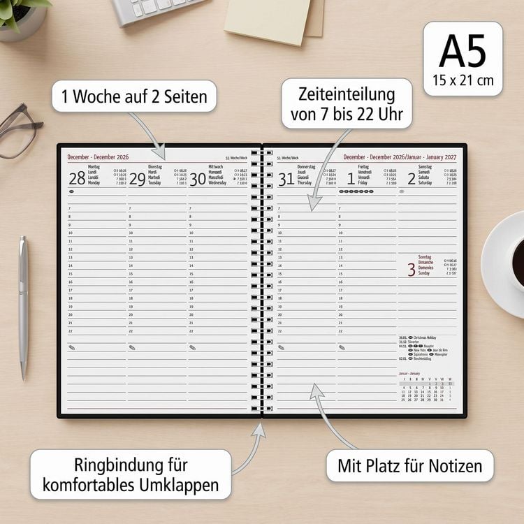 Produktbild: Wochenplaner Balacron schwarz A5 Ringbuch 2027