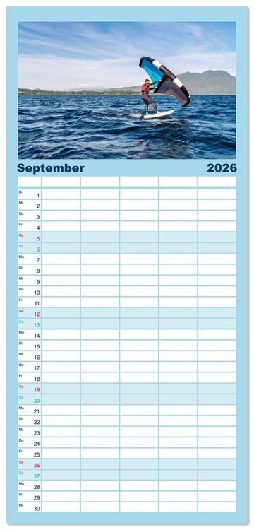 Produktbild: Familienplaner 2026 - Wingfoilen - fliegen &uuml;ber das Wasser mit 5 Spalten (Wandkalender, 21 x 45 cm) CALVENDO