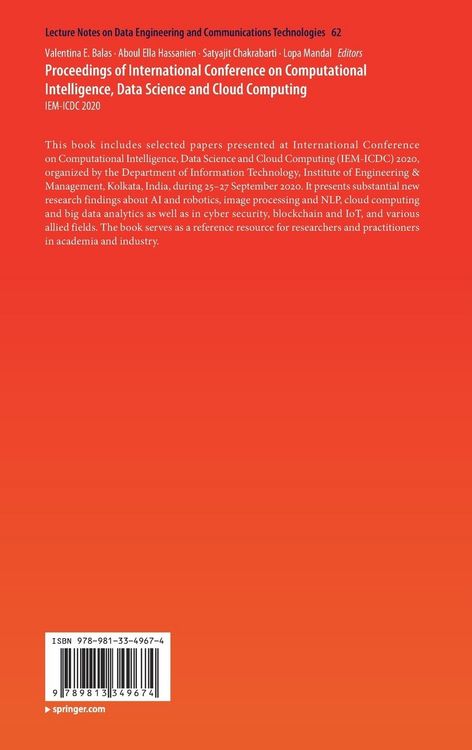 Produktbild: Proceedings of International Conference on Computational Intelligence, Data Science and Cloud Computing