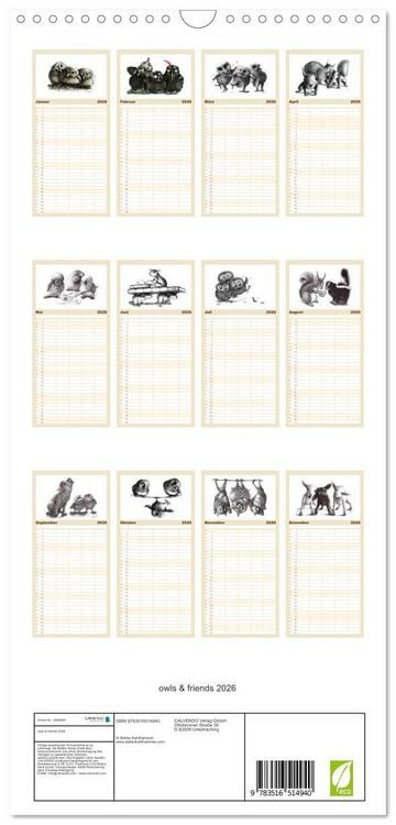 Produktbild: Familienplaner 2026 - owls & friends 2026 mit 5 Spalten (Wandkalender, 21 x 45 cm) CALVENDO