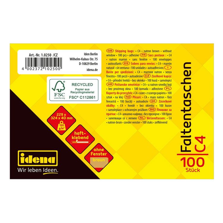 Produktbild: Idena Faltentasche 130g/m&sup2; haftklebend ohne Fenster braun DIN C4 100 St&uuml;ck 4cm Boden