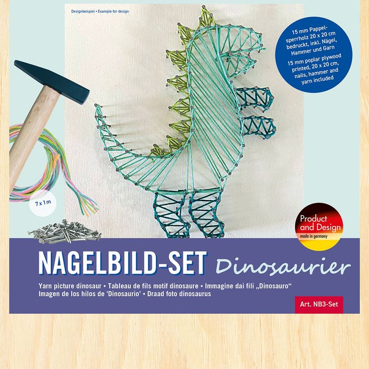 Produktbild: PEBARO NB3-SET - Nagelbild-Set Dinosaurier, Fadenbild 20x20cm, String Art Bastelset inkl. Garn, Hammer und N&auml;gel