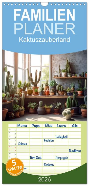 Produktbild: Familienplaner 2026 - Kaktuszauberland mit 5 Spalten (Wandkalender, 21 x 45 cm) CALVENDO