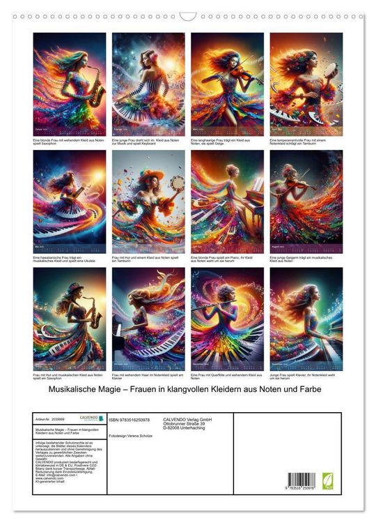 Produktbild: Musikalische Magie &ndash; Frauen in klangvollen Kleidern aus Noten und Farbe (Wandkalender 2026 DIN A2 hoch), CALVENDO Monatskalender