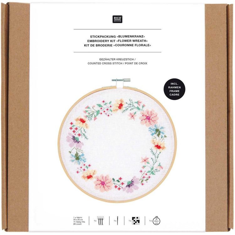 Produktbild: Stickpackung Gez&auml;hlter Kreuzstich, Bild Bumenkranz, inkl. Stickring &Oslash; 20,5 cm