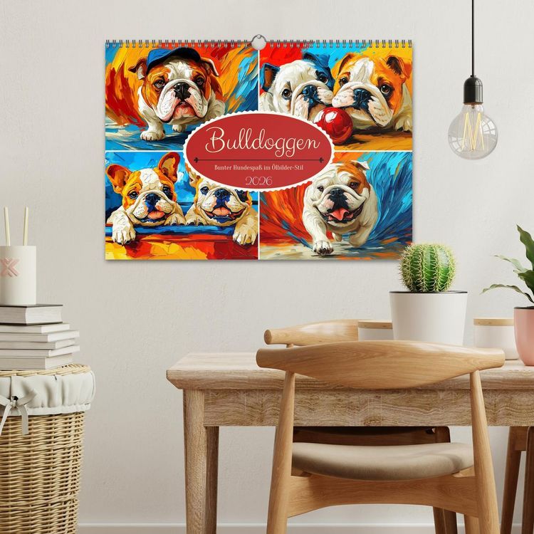 Produktbild: Bulldoggen. Bunter Hundespa&szlig; im &Ouml;lbilder-Stil (Wandkalender 2026 DIN A3 quer), CALVENDO Monatskalender