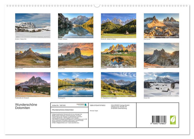 Produktbild: Wundersch&ouml;ne Dolomiten (hochwertiger Premium Wandkalender 2026 DIN A2 quer), Kunstdruck in Hochglanz