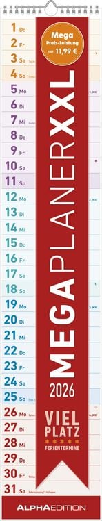 Produktbild: Megaplaner XXL 2026 - Streifen-Kalender 18x86 cm - mit Ferienterminen - viel Platz für Notizen - Wandplaner - Küchenkalender - Alpha Edition