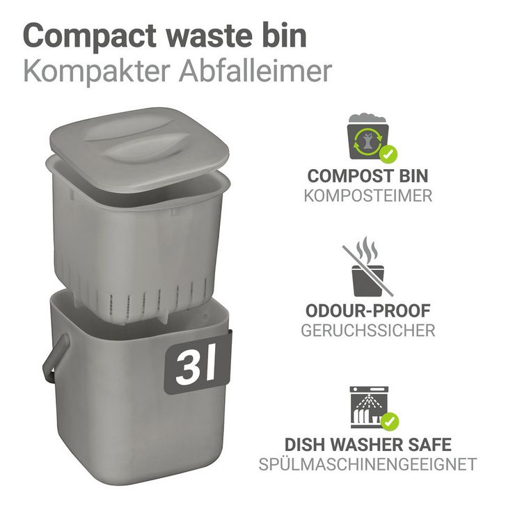 Produktbild: Abfallsammler Mod. Conny, grau, Kunststoff, 3L, 18x18x19 cm, herausnehmbares Sieb,