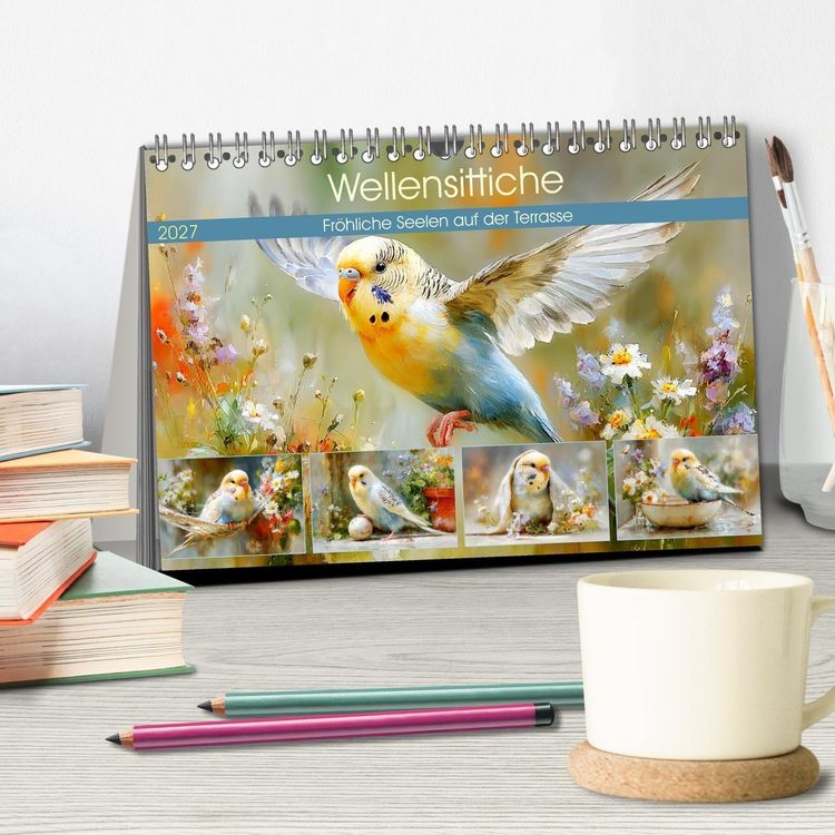 Produktbild: Wellensittiche. Fr&ouml;hliche Seelen auf der Terrasse (Tischkalender 2027 DIN A5 quer), CALVENDO Monatskalender