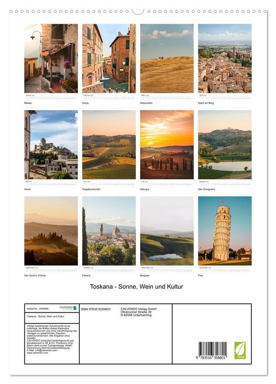 Produktbild: Toskana - Sonne, Wein und Kultur (hochwertiger Premium Wandkalender 2026 DIN A2 hoch), Kunstdruck in Hochglanz