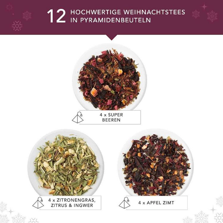 Produktbild: BIO Teegeschenk Kollektion "Winter Balance", 3 Sorten, 12 kompostierbare Pyramiden-Beutel