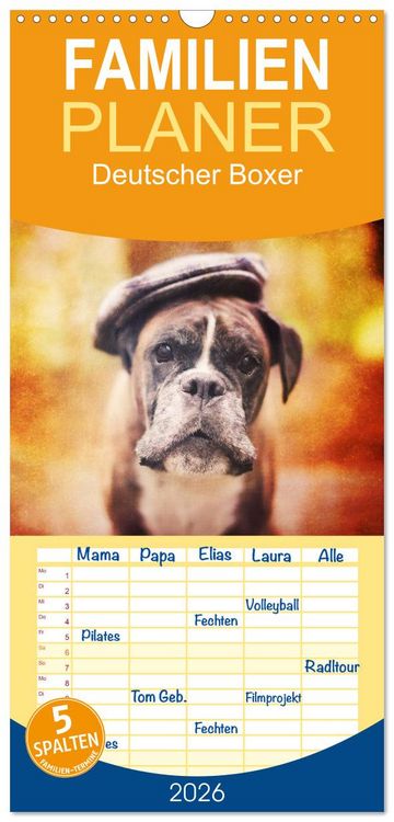 Produktbild: Familienplaner 2026 - Deutscher Boxer mit 5 Spalten (Wandkalender, 21 x 45 cm) CALVENDO