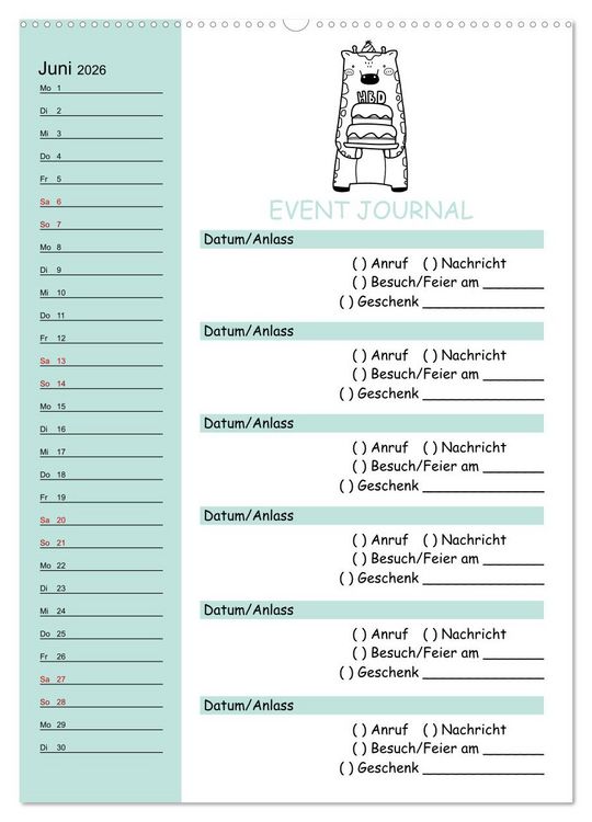 Produktbild: Geburtstagsplaner Doodle Tiere - F&uuml;r Termine, Geschenke, Eventdetails & mehr (Wandkalender 2026 DIN A2 hoch), CALVENDO Monatskalender