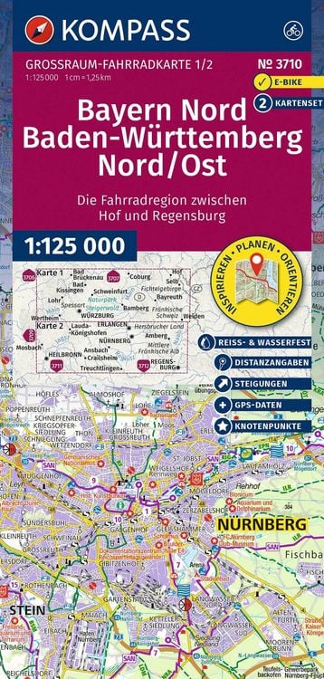 Produktbild: KOMPASS Gro&szlig;raum Fahrradkarte 3710 Bayern Nord, Baden-W&uuml;rttemberg Nord/Ost 1:125.000