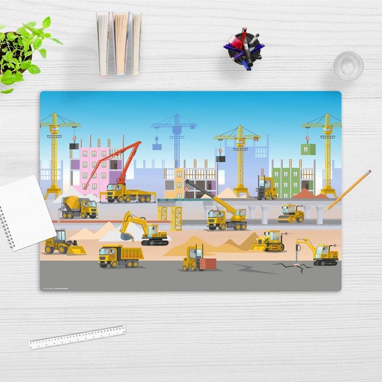 Produktbild: Cover-your-desk Schreibtischunterlage f&uuml;r Kinder Baustelle mit vielen Fahrzeugen Bagger und Kran, aus hochwertigem Vinyl , 60 x 40 cm
