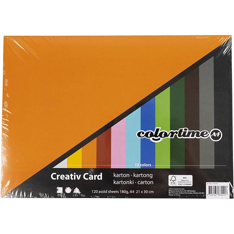 Produktbild: Creativ Company Farbkarton, A4, Blatt 210x297 mm, 180 g, sortierte Farben, 12x10 Blatt