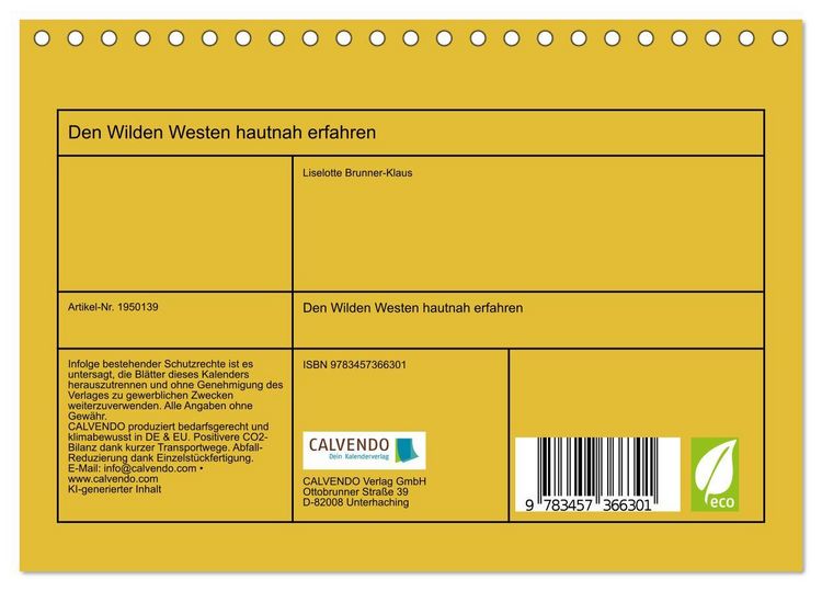Produktbild: Den Wilden Westen hautnah erfahren (Tischkalender 2026 DIN A5 quer), CALVENDO Monatskalender