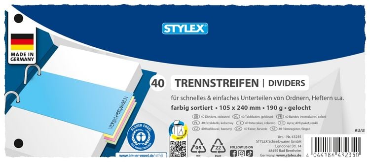 Produktbild: Stylex Trennstreifen, farbig, 40 St&uuml;ck, 190 g/m&sup2;