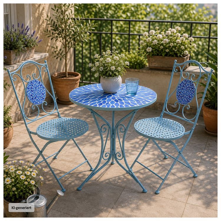 HTI-Living Bistro Sitzgruppe Metall blau Tisch mit 2 Stühlen Balkon Set Gartenmöbel Mosaik kaufen