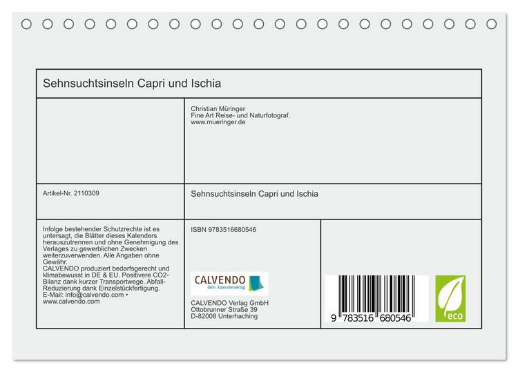 Produktbild: Sehnsuchtsinseln Capri und Ischia (Tischkalender 2026 DIN A5 quer), CALVENDO Monatskalender