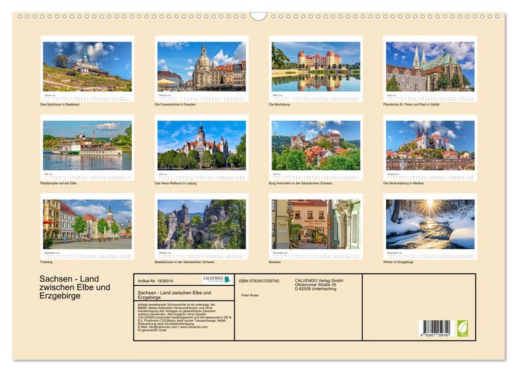 Produktbild: Sachsen - Land zwischen Elbe und Erzgebirge (Wandkalender 2026 DIN A2 quer), CALVENDO Monatskalender