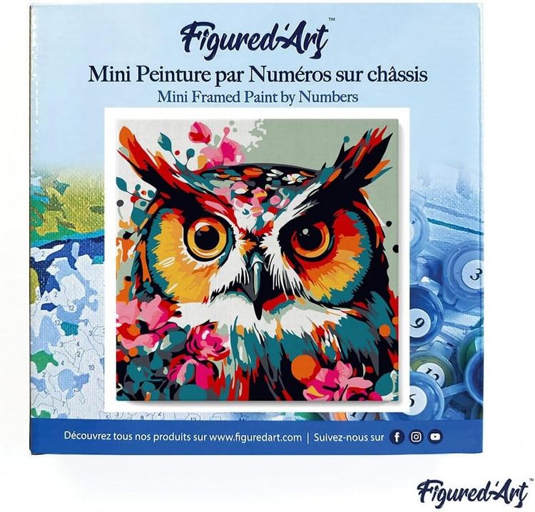 Produktbild: FiguredArt SFA112-Y - Mini Malen nach Zahlen, Fantasie Eule mit Blumen, Leinwand-Keilrahmen 20x20cm, DIY Bastelset, Paint by Numbers