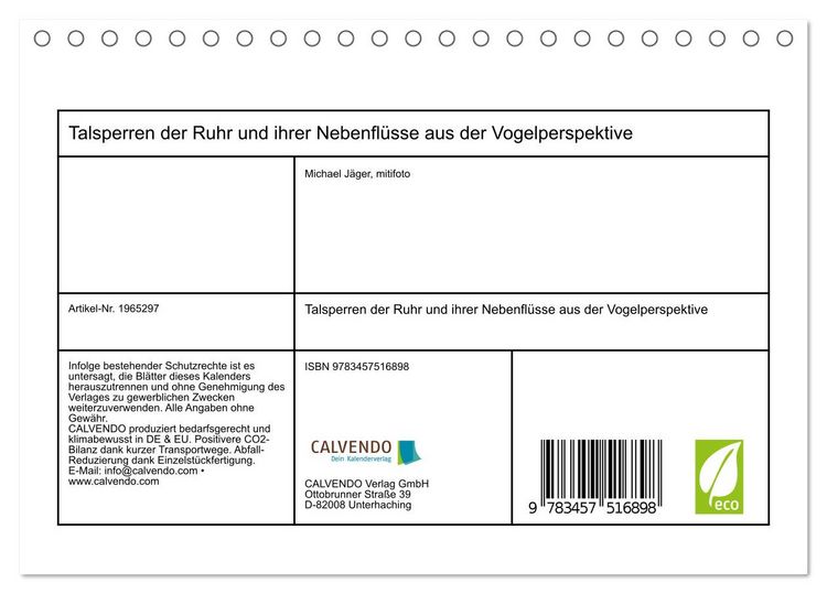 Produktbild: Talsperren der Ruhr und ihrer Nebenfl&uuml;sse aus der Vogelperspektive (Tischkalender 2026 DIN A5 quer), CALVENDO Monatskalender