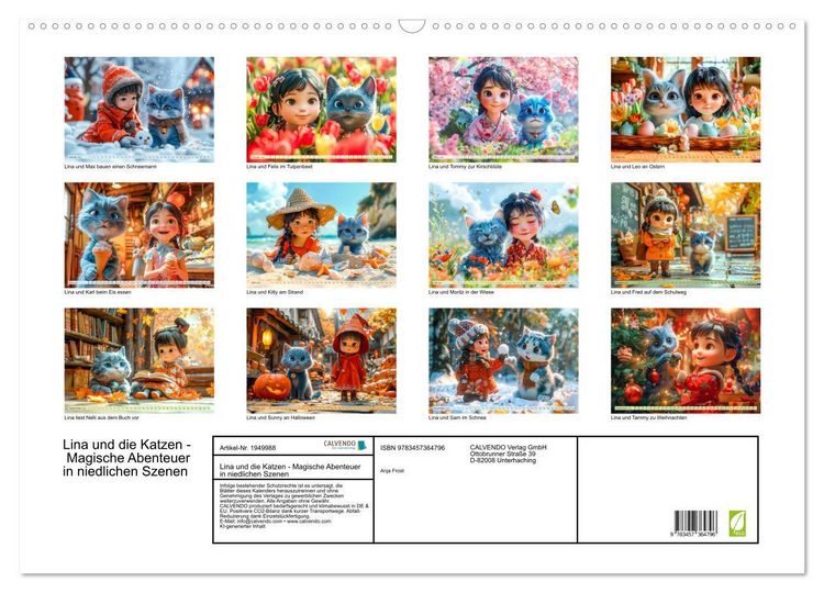 Produktbild: Lina und die Katzen - Magische Abenteuer in niedlichen Szenen (Wandkalender 2026 DIN A2 quer), CALVENDO Monatskalender