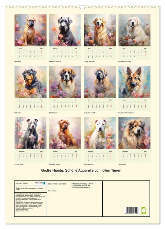 Produktbild: Gro&szlig;e Hunde. Sch&ouml;ne Aquarelle von tollen Tieren (Wandkalender 2026 DIN A2 hoch), CALVENDO Monatskalender