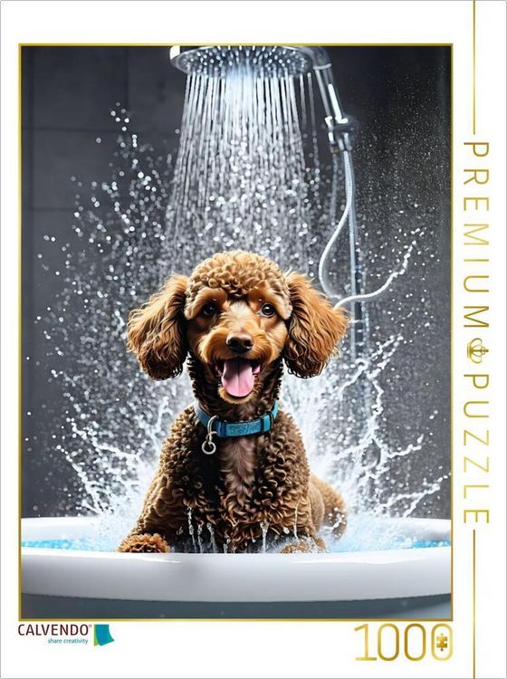 Produktbild: CALVENDO Puzzle Pudelwellness - fr&ouml;hlicher Pudel unter der Dusche | 1000 Teile Lege-Gr&ouml;&szlig;e 64x48cm Foto-Puzzle f&uuml;r gl&uuml;ckliche Stunden