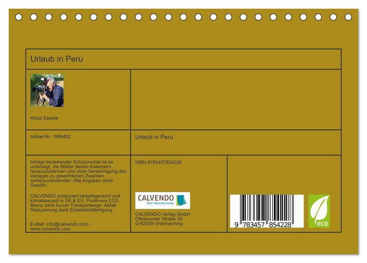 Produktbild: Urlaub in Peru (Tischkalender 2026 DIN A5 quer), CALVENDO Monatskalender