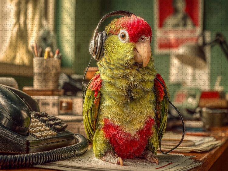 Produktbild: CALVENDO Puzzle Papagei mit Headset im Retro-Callcenter | 1000 Teile Lege-Gr&ouml;&szlig;e 64x48cm Foto-Puzzle f&uuml;r gl&uuml;ckliche Stunden
