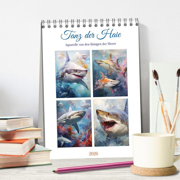 Produktbild: Tanz der Haie. Aquarelle von den K&ouml;nigen der Meere (Tischkalender 2026 DIN A5 hoch), CALVENDO Monatskalender