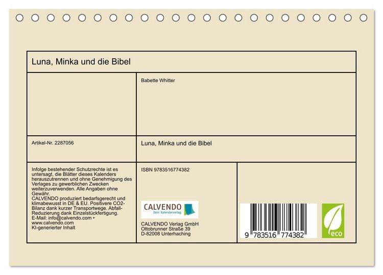 Produktbild: Luna, Minka und die Bibel (Tischkalender 2027 DIN A5 quer), CALVENDO Monatskalender