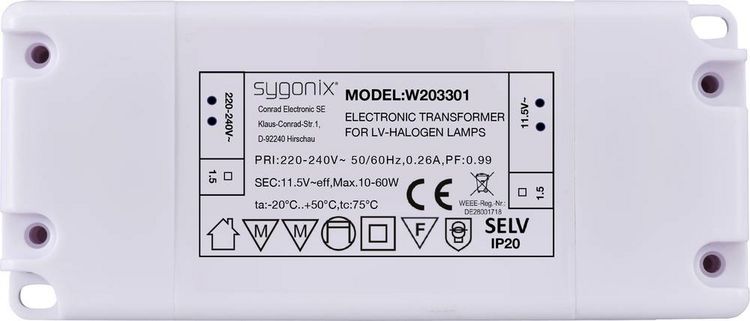 Produktbild: Sygonix SY-6313016 Halogen Transformator 11.5 V/AC 10 - 60W