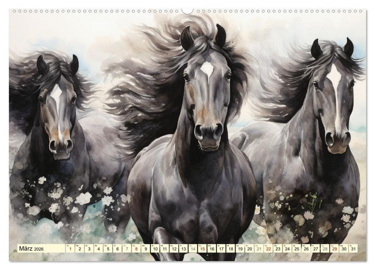 Produktbild: Pferde. Romantische Aquarelle von schwarzen Sch&ouml;nheiten (hochwertiger Premium Wandkalender 2026 DIN A2 quer), Kunstdruck in Hochglanz