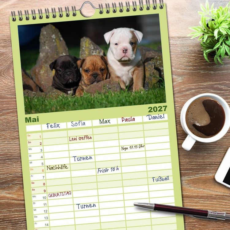 Produktbild: Familienplaner 2027 - Bulldoggen-Kinder mit 5 Spalten (Wandkalender, 21 x 45 cm) CALVENDO