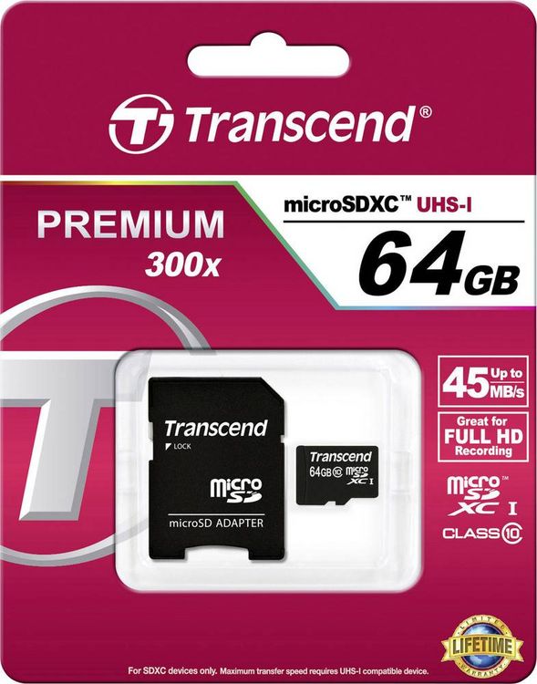 Produktbild: Transcend Premium microSDXC-Karte Industrial 64 GB Class 10, UHS-I inkl. SD-Adapter