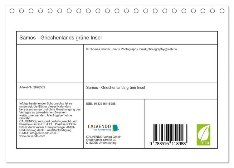 Produktbild: Samos - Griechenlands gr&uuml;ne Insel (Tischkalender 2026 DIN A5 quer), CALVENDO Monatskalender