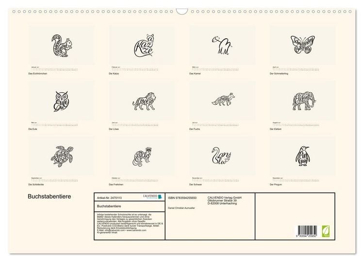 Produktbild: Buchstabentiere (Wandkalender 2027 DIN A2 quer), CALVENDO Monatskalender