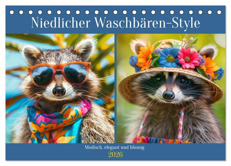 Produktbild: Niedlicher Waschb&auml;ren-Style. Modisch, elegant und blumig (Tischkalender 2026 DIN A5 quer), CALVENDO Monatskalender