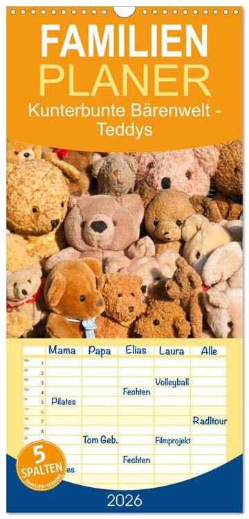 Produktbild: Familienplaner 2026 - Kunterbunte B&auml;renwelt - Teddys mit 5 Spalten (Wandkalender, 21 x 45 cm) CALVENDO