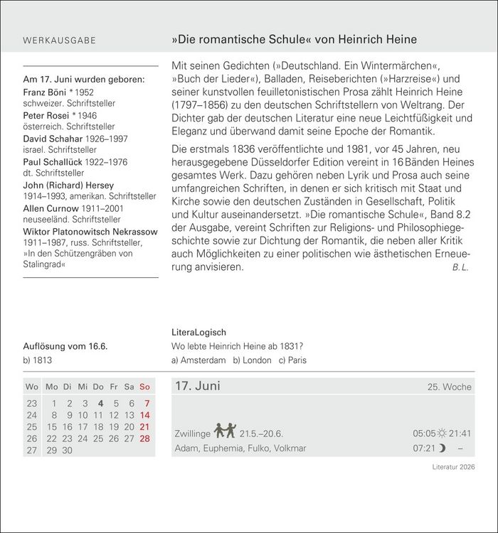Produktbild: Literatur Tagesabrei&szlig;kalender 2026 - Kulturkalender - Autoren, Werke, H&ouml;rb&uuml;cher
