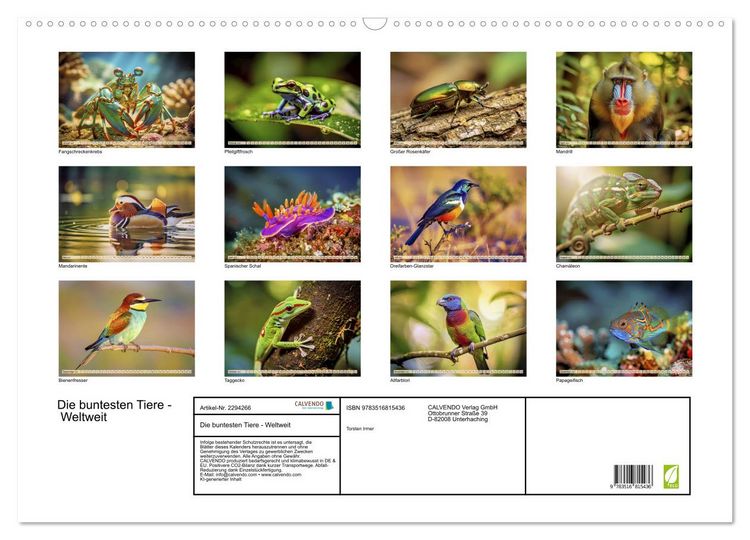 Produktbild: Die buntesten Tiere - Weltweit (Wandkalender 2027 DIN A2 quer), CALVENDO Monatskalender