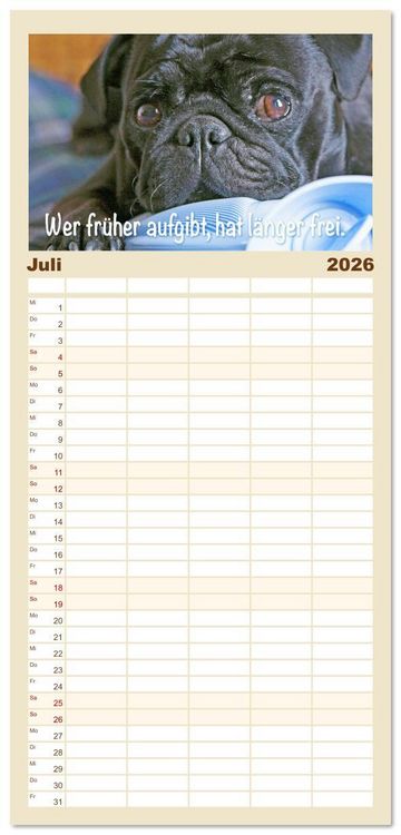 Produktbild: Familienplaner 2026 - Mopsala: Vom Gl&uuml;ck, ein Mops zu sein mit 5 Spalten (Wandkalender, 21 x 45 cm) CALVENDO