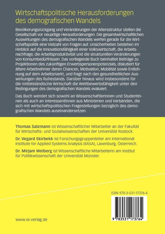 Produktbild: Wirtschaftspolitische Herausforderungen des demografischen Wandels