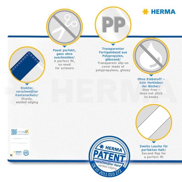 Produktbild: Herma HERM&Auml;X 7265 - Buchumschlag Classic, Gr&ouml;&szlig;e 265 x 540 mm, Kunststoff transparent, blauer Rand, 1 Buchschoner f&uuml;r Schulb&uuml;cher